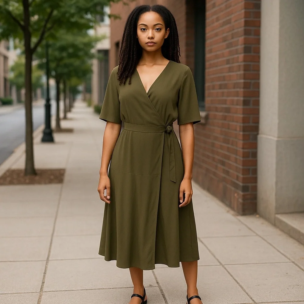 Fame and Partners Green Midi V-Neckline Wrap Dress in Size 8 - Picture 13 of 13